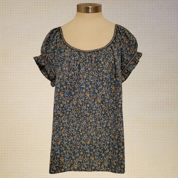 Floral Boho Peasant Blouse Max Studio XL Blue Green Stretchy Neckline - Picture 1 of 7